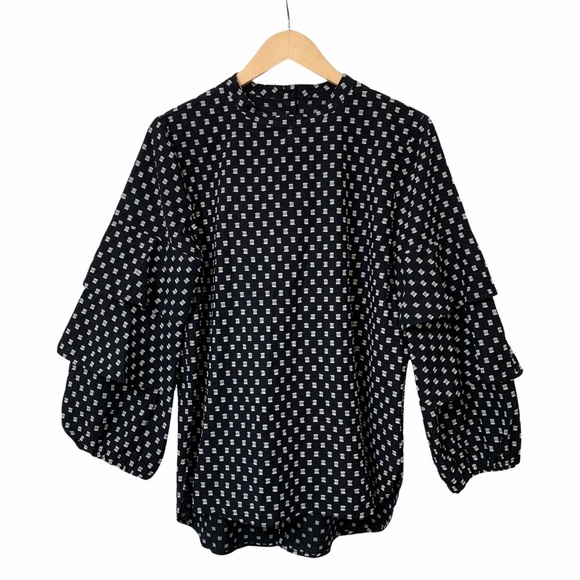 LOFT Geo Tiered Ruffle Sleeve Top with Button Back - Picture 2 of 8